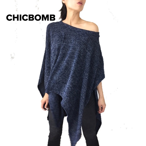 KNITTED DARK BLUE PONCHO CAPE TOP - DARK BLUE - Picture 2 of 8